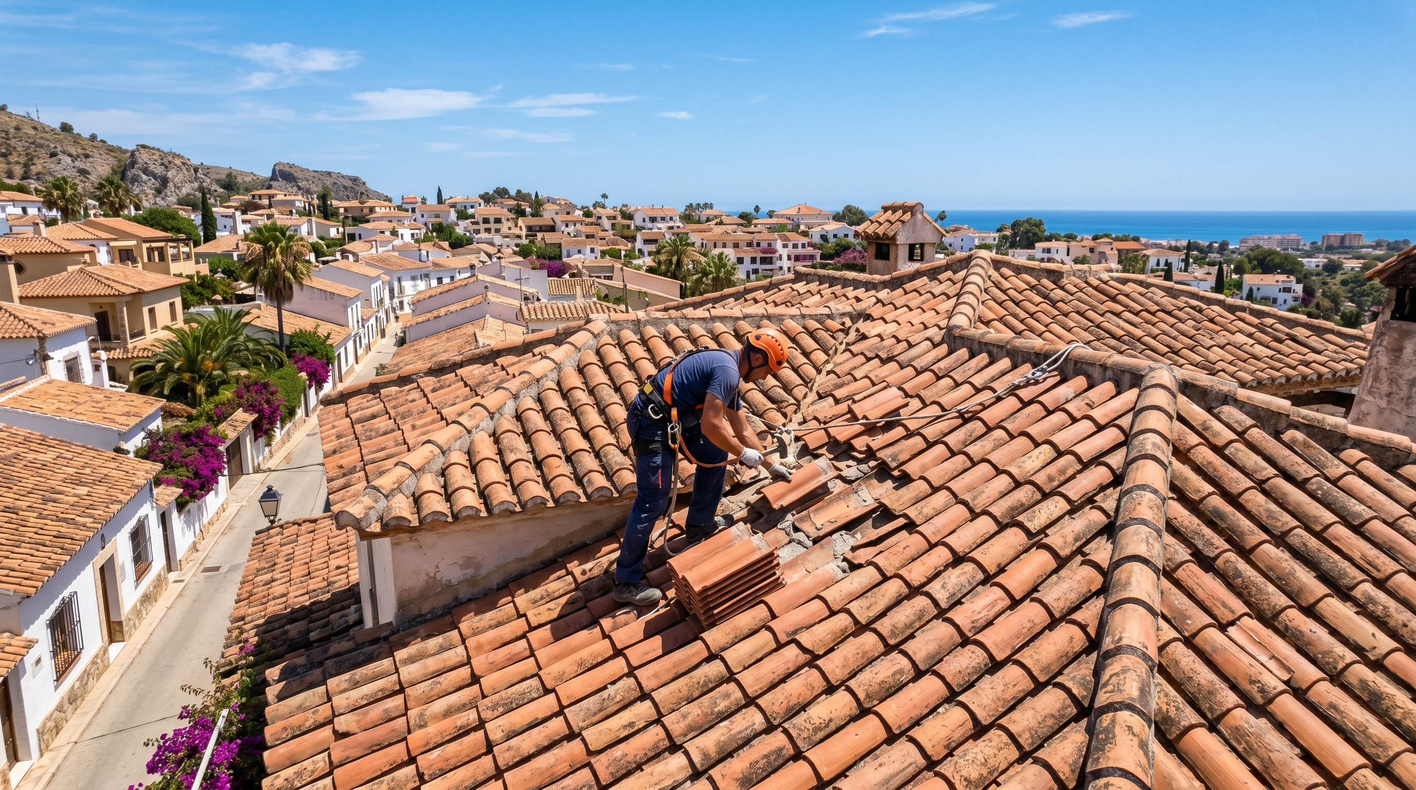 Gotera activa en techo de vivienda con cubo recogiendo agua y mancha de humedad