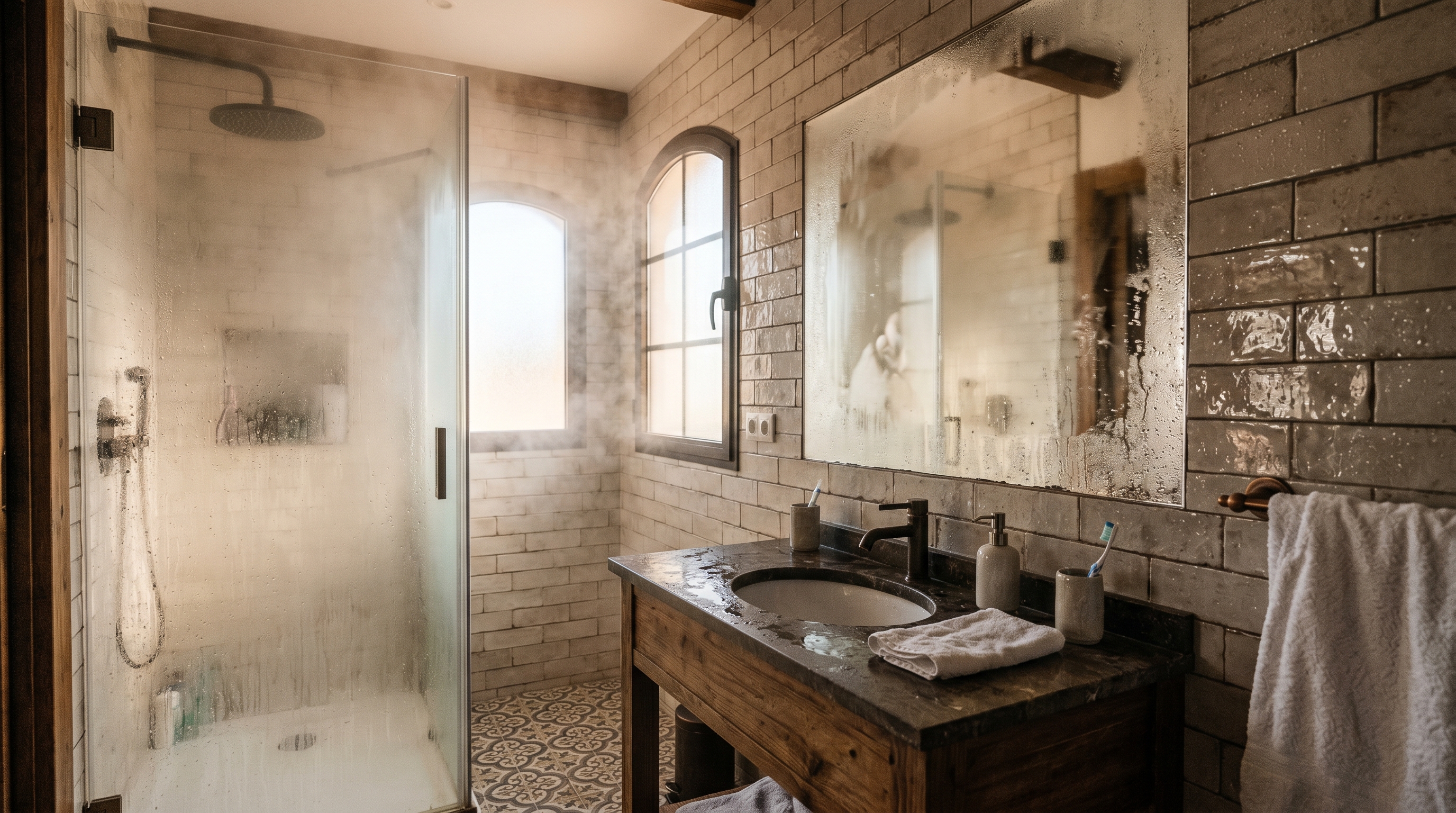 Baño con condensación en paredes y ventana, moho negro en sellado de ducha