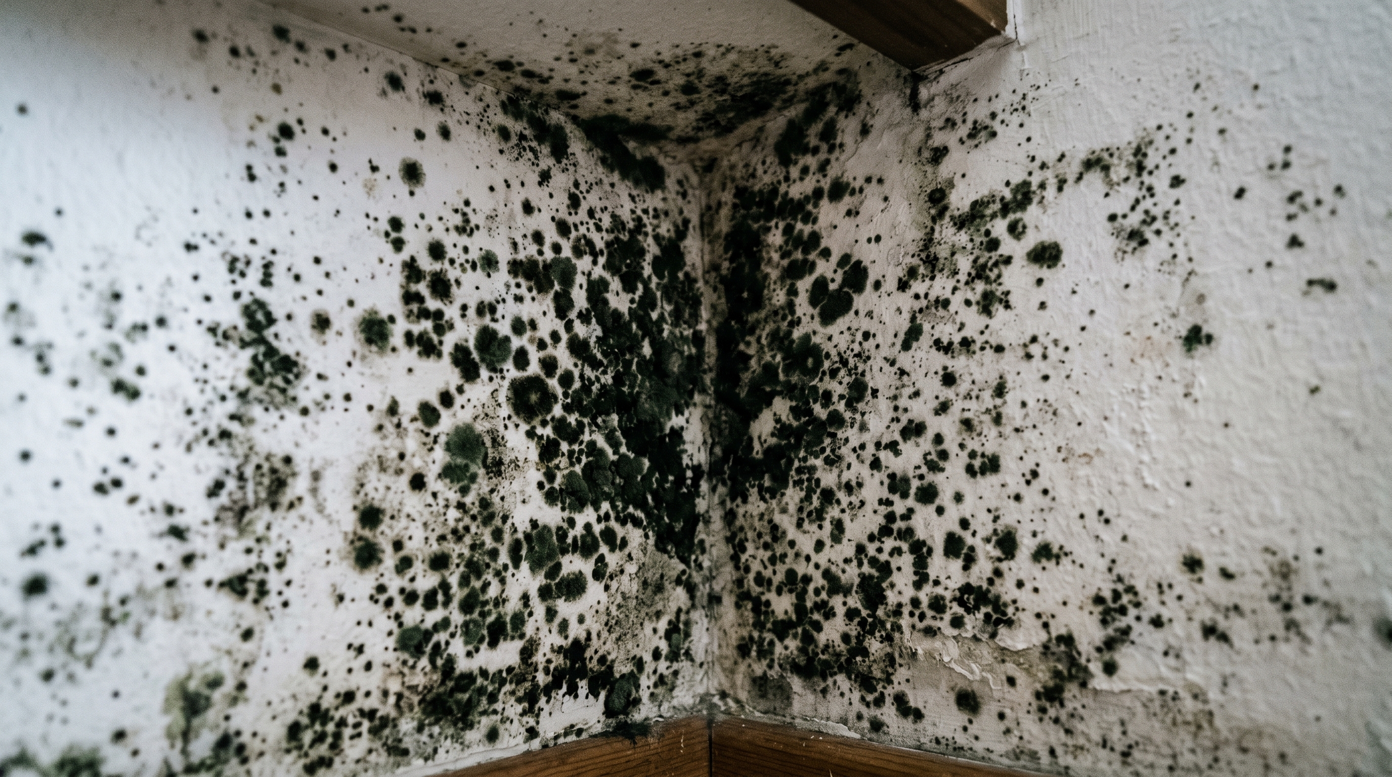 Moho negro en esquina de pared de dormitorio con impacto en salud respiratoria