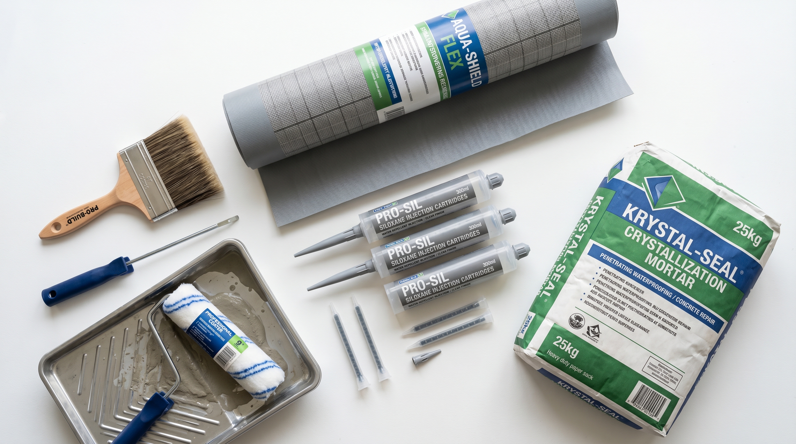 Diferentes materiales impermeabilizantes: membrana, pintura y mortero para cubiertas y fachadas