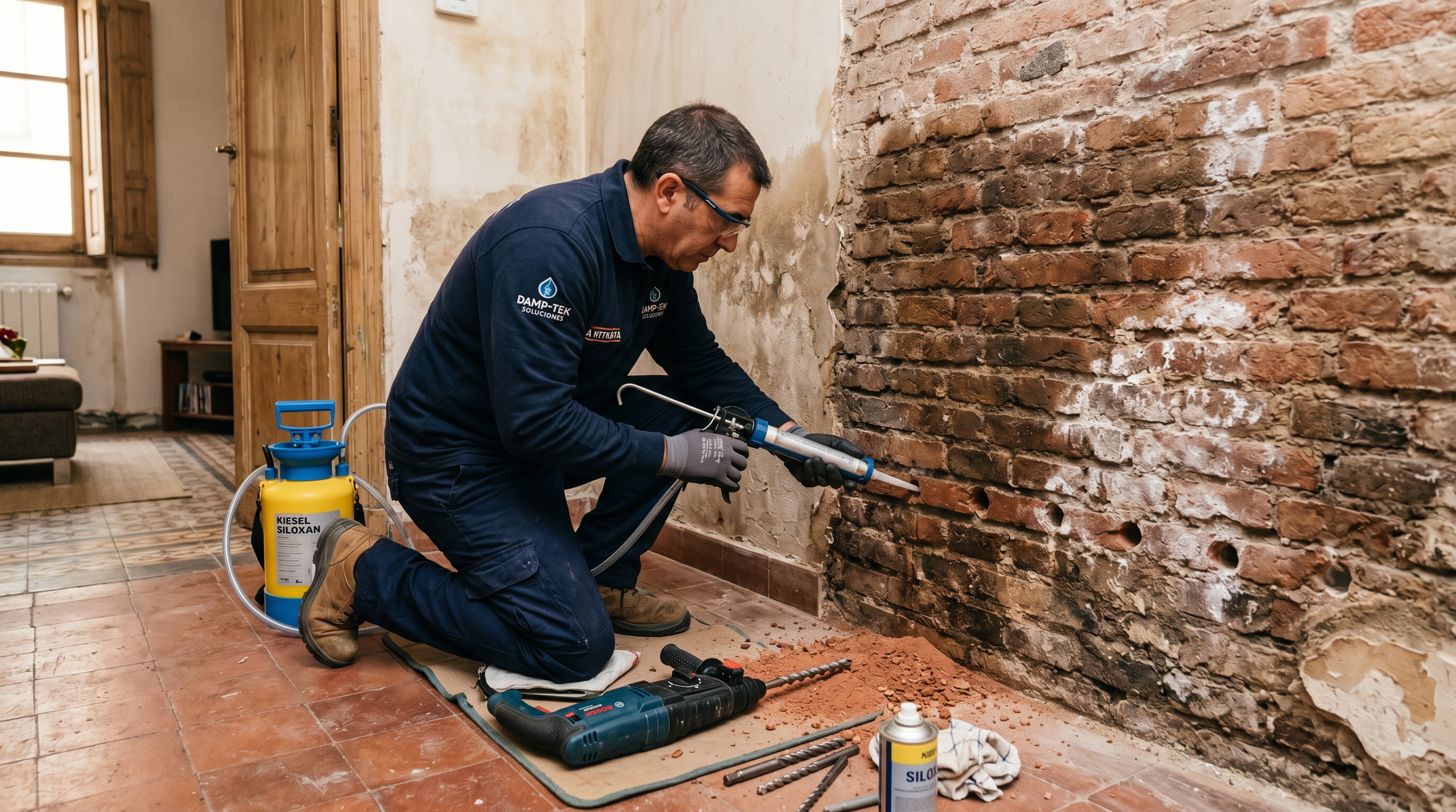 Técnico inyectando barrera química en pared con humedad capilar